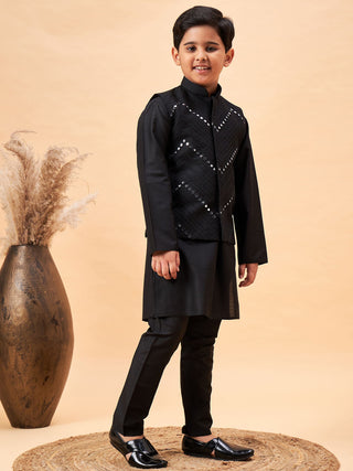 VASTRAMAY Boy's Black Mirror Work Jacket And Solid Kurta Pyjama Set