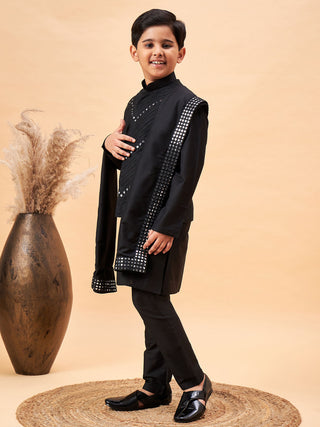 VASTRAMAY Boy's Black Mirror Work Jacket And Solid Kurta Pyjama Set With Black Ethnic Dupatta