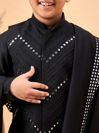 VASTRAMAY Boy's Black Mirror Work Jacket And Solid Kurta Pyjama Set With Black Ethnic Dupatta