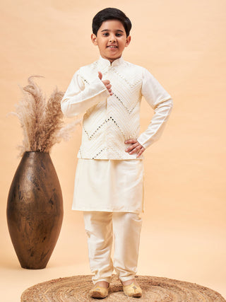VASTRAMAY Boy's Cream Mirror Work Jacket And Solid Kurta Pyjama Set