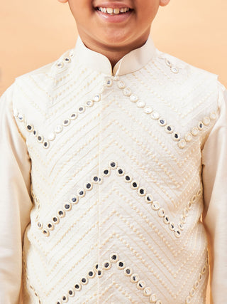 VASTRAMAY Boy's Cream Mirror Work Jacket And Solid Kurta Pyjama Set