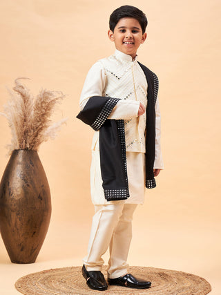 VASTRAMAY Boy's Cream Mirror Work Jacket And Solid Kurta Pyjama Set With Black Ethnic Dupatta