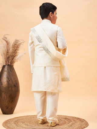 VASTRAMAY Boy's Cream Mirror Work Jacket And Solid Kurta Pyjama Set With Ethnic Dupatta