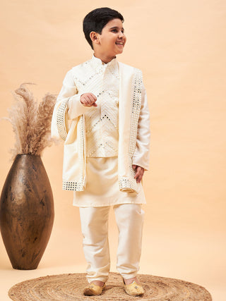 VASTRAMAY Boy's Cream Mirror Work Jacket And Solid Kurta Pyjama Set With Ethnic Dupatta