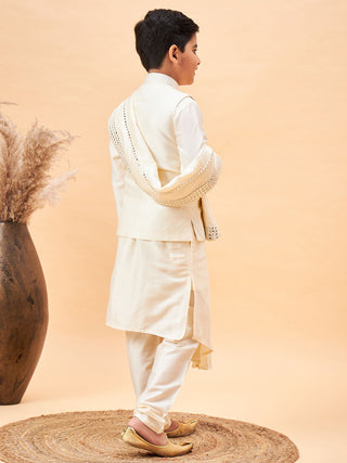 VASTRAMAY Boy's Cream Mirror Work Jacket And Pleated Kurta Pyjama Set With Ethnic Dupatta