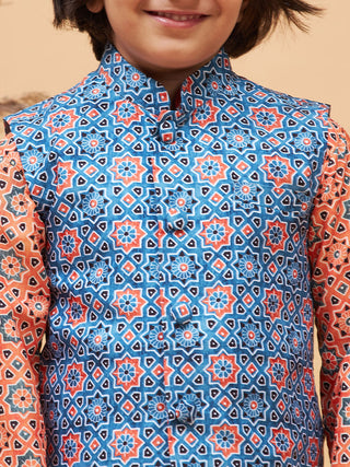 VASTRAMAY Boy's Blue Printed Nehru Jacket