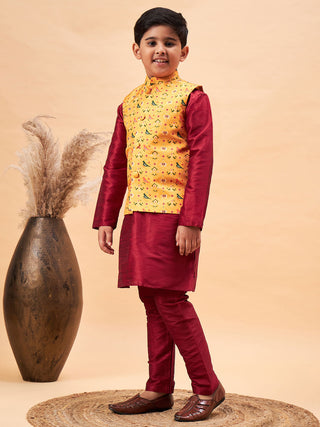 VASTRAMAY Boy's Yellow Ethnic Printed Jacket With Maroon Kurta and Pyjama Set