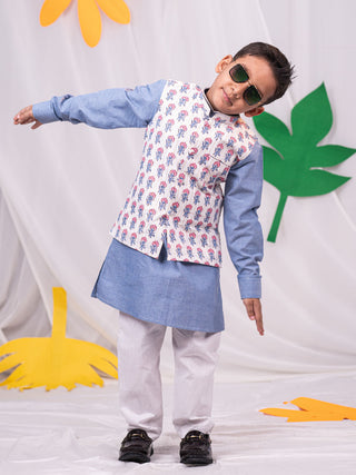 VASTRAMAY Boy's Beige Printed Jacket With Grey Kurta Pyjama Set