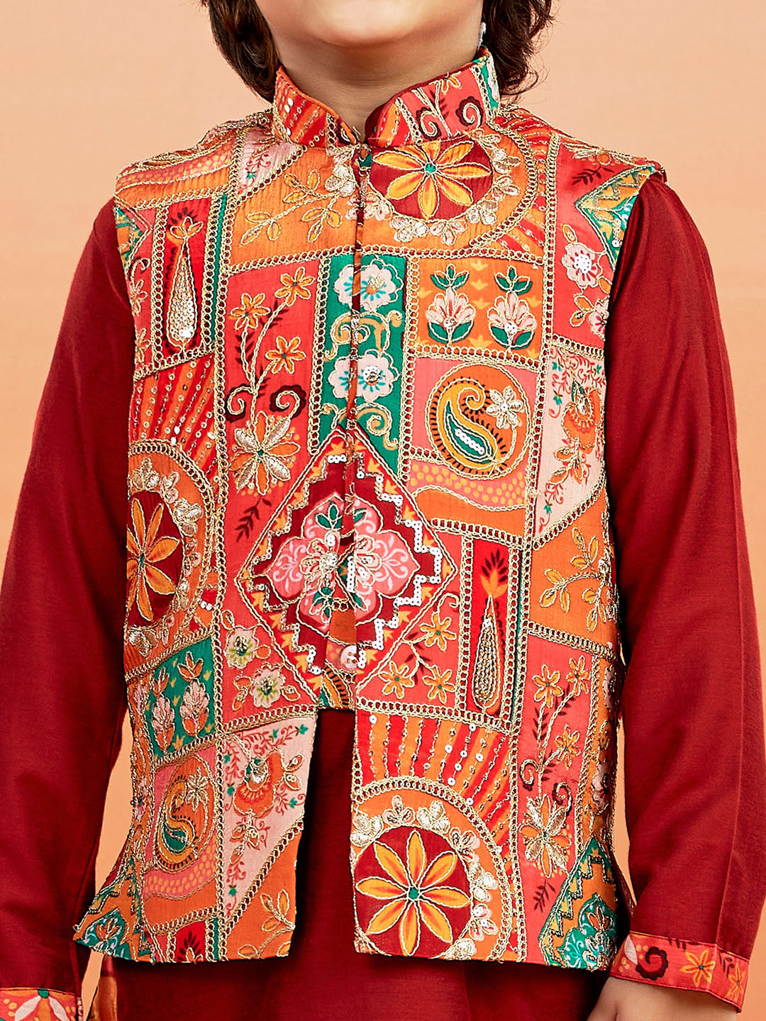 Boy's' Maroon Jacket,Kurta And Pyjama Set.