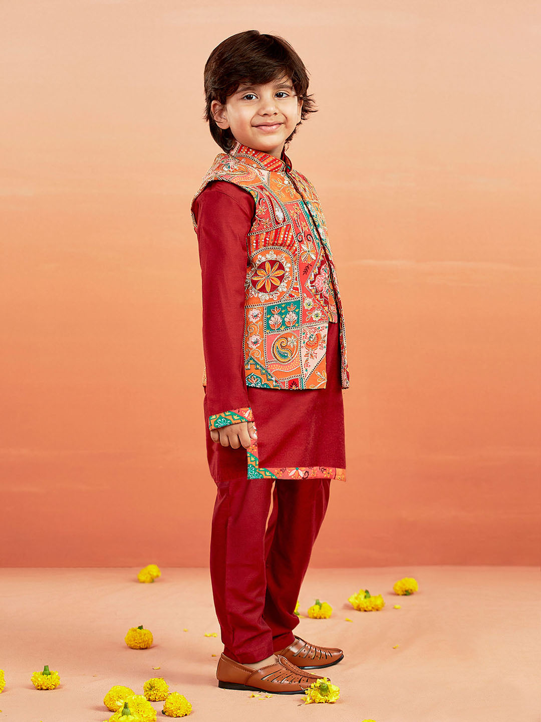 Boy's' Maroon Jacket,Kurta And Pyjama Set.