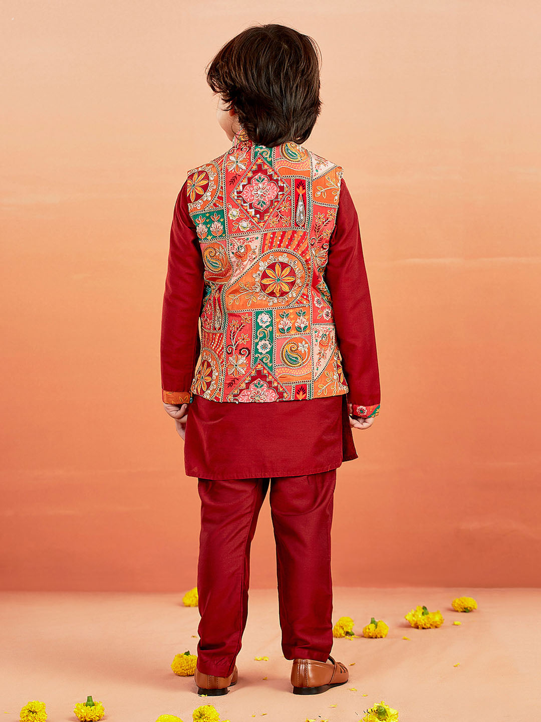 Boy's' Maroon Jacket,Kurta And Pyjama Set.