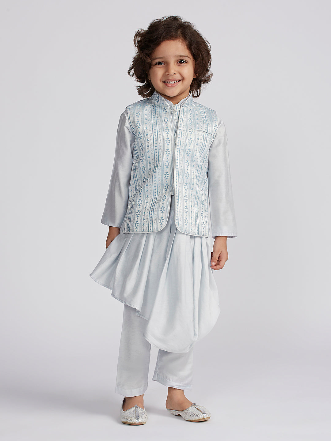 Boy's' Aqua Jacket,Kurta And Pyjama Set.
