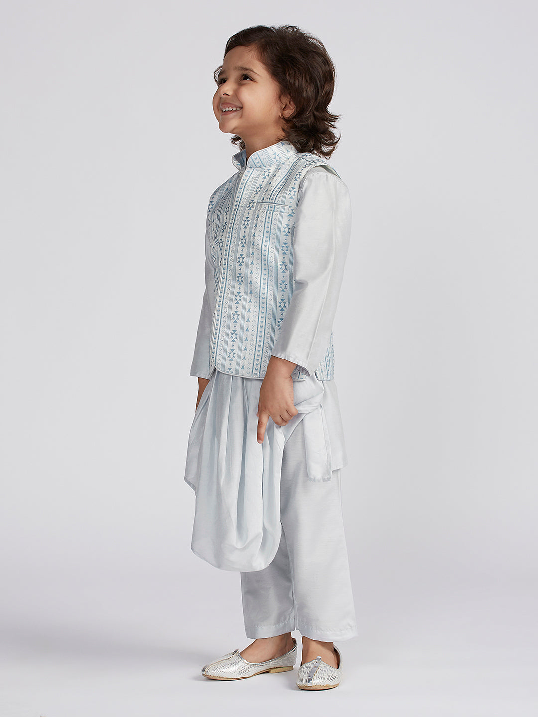 Boy's' Aqua Jacket,Kurta And Pyjama Set.