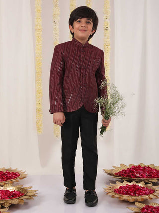 VASTRAMAY Boy's Maroon Sequined Jodhpuri
