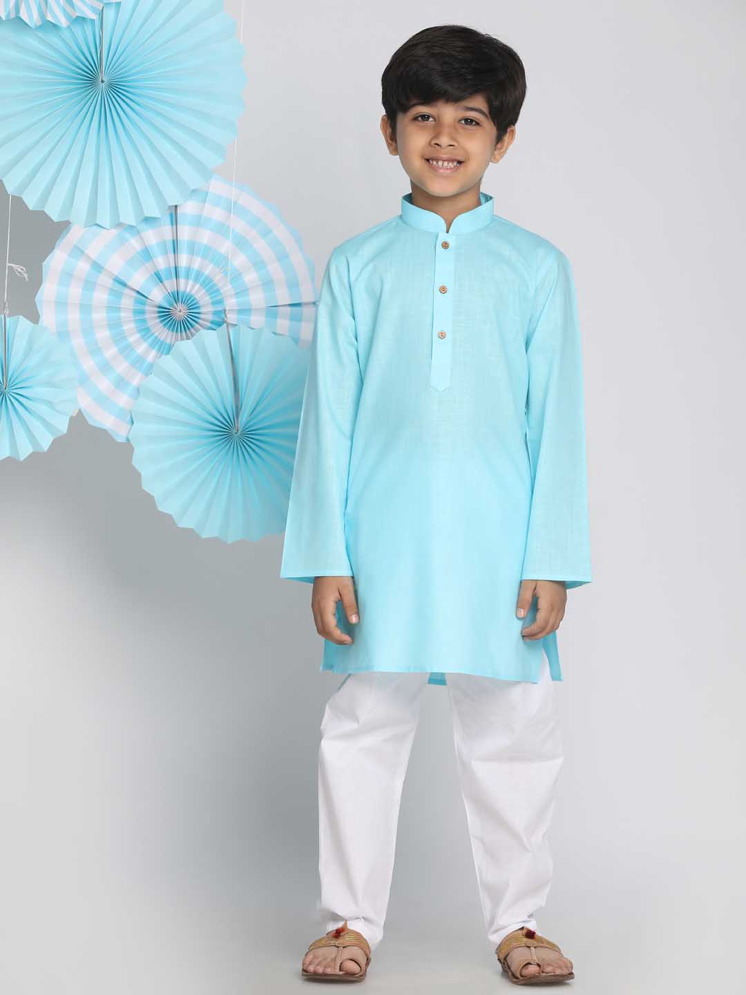 Boys Aqua And White Kurta Pyjama Set