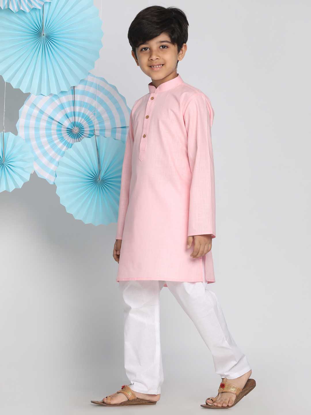Boys Pink And White Kurta Pyjama Set