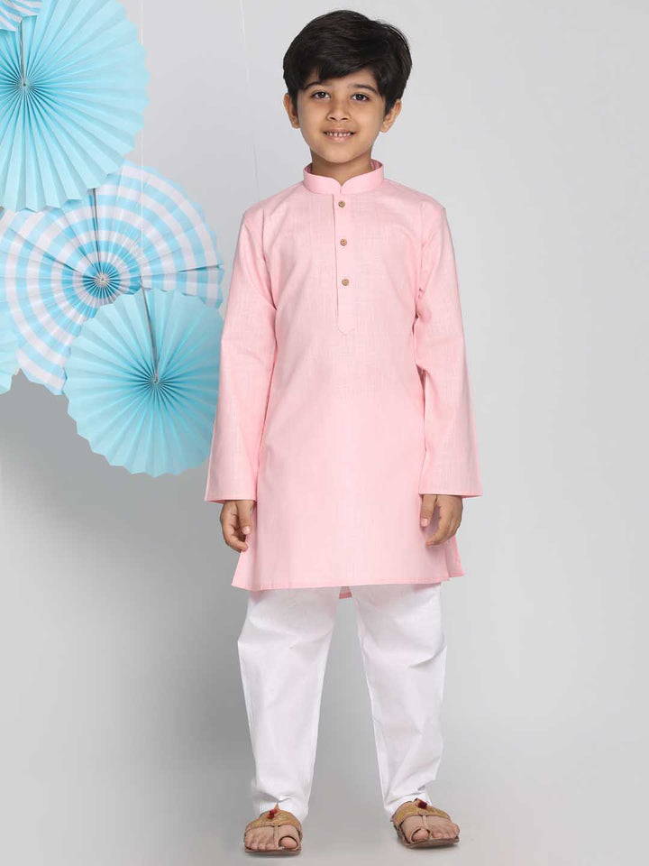 Boys Pink And White Kurta Pyjama Set