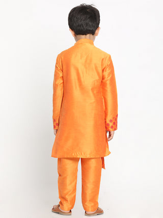 VASTRAMAY Orange Silk Blend Ethnic Print Kurta Pyjama Sibling Set