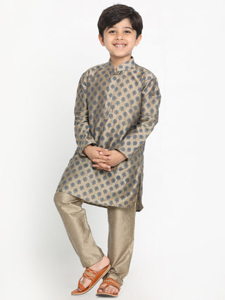 VASTRAMAY Brown Silk Blend Ethnic Print Kurta Pyjama Sibling Set
