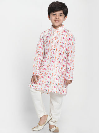 VASTRAMAY Multicolor-Base-White Floral Printed Cotton Linen Siblings Set