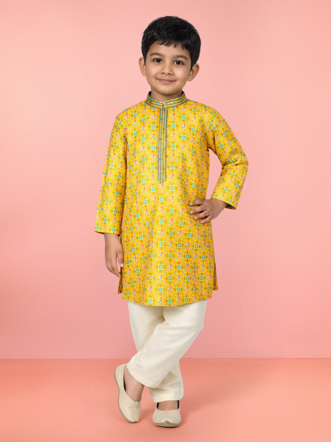 Boys Yellow Geometric Kurta Pyjama Set