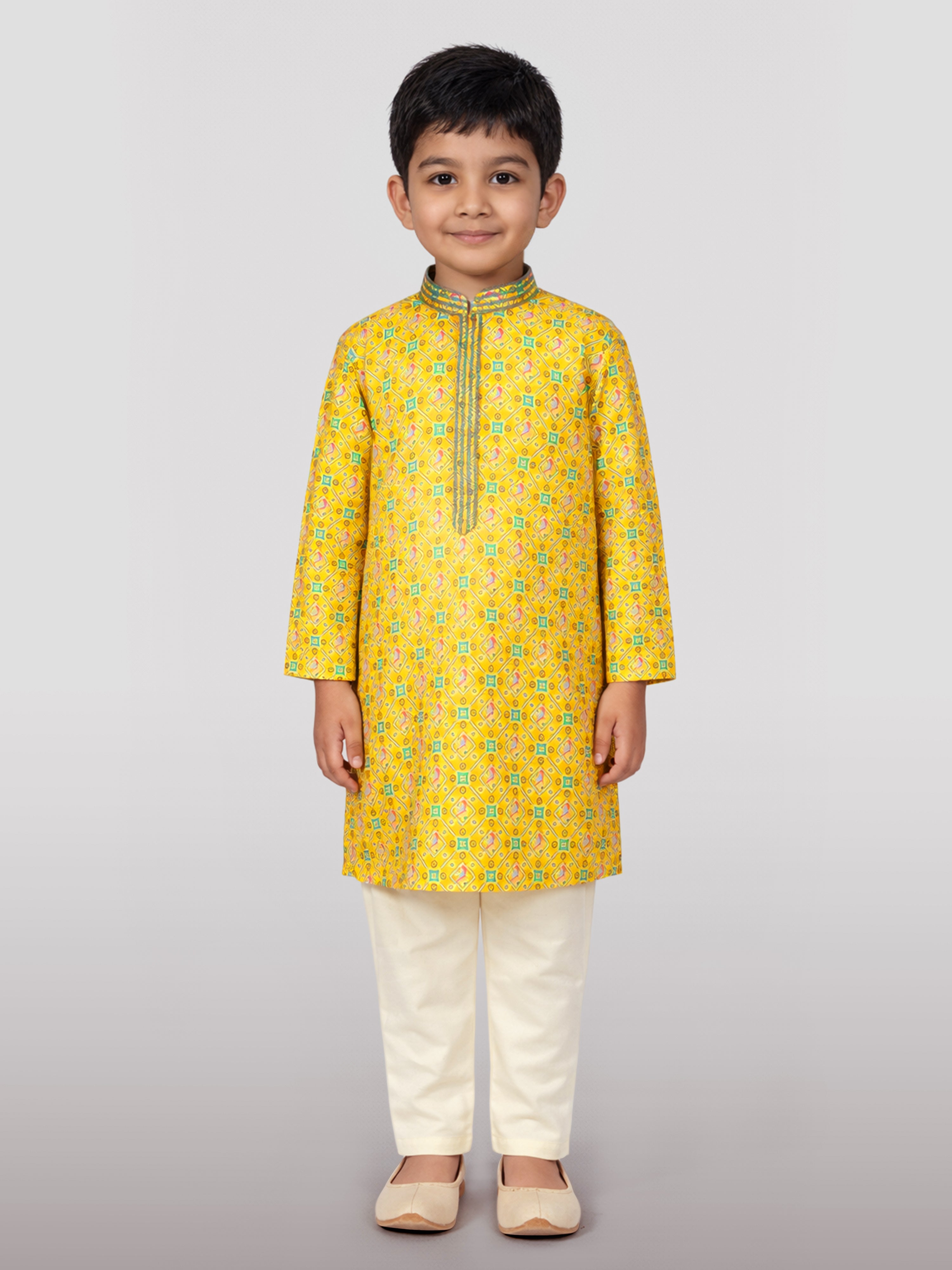 Boys Yellow Geometric Kurta Pyjama Set
