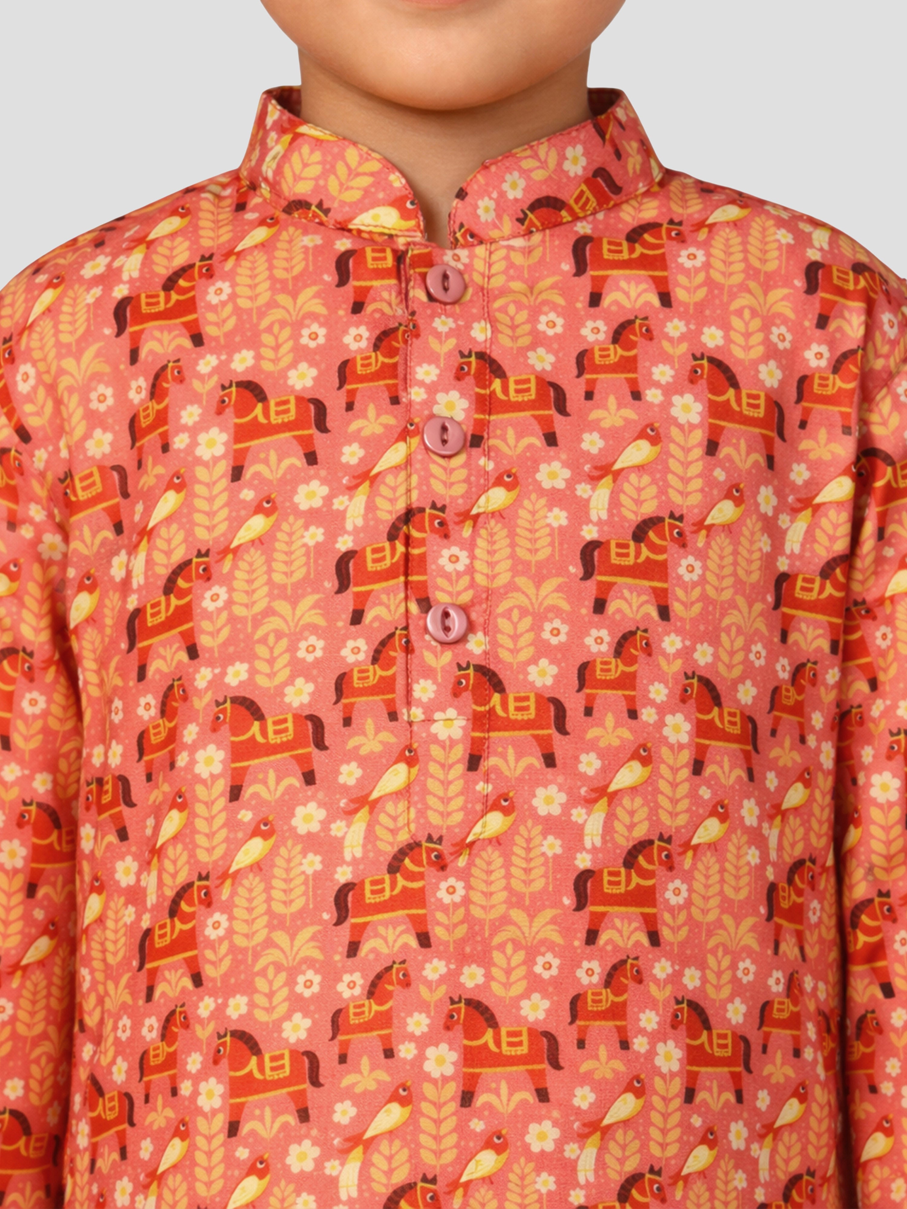 Boys Peach Animal Print Kurta Pyjama Set