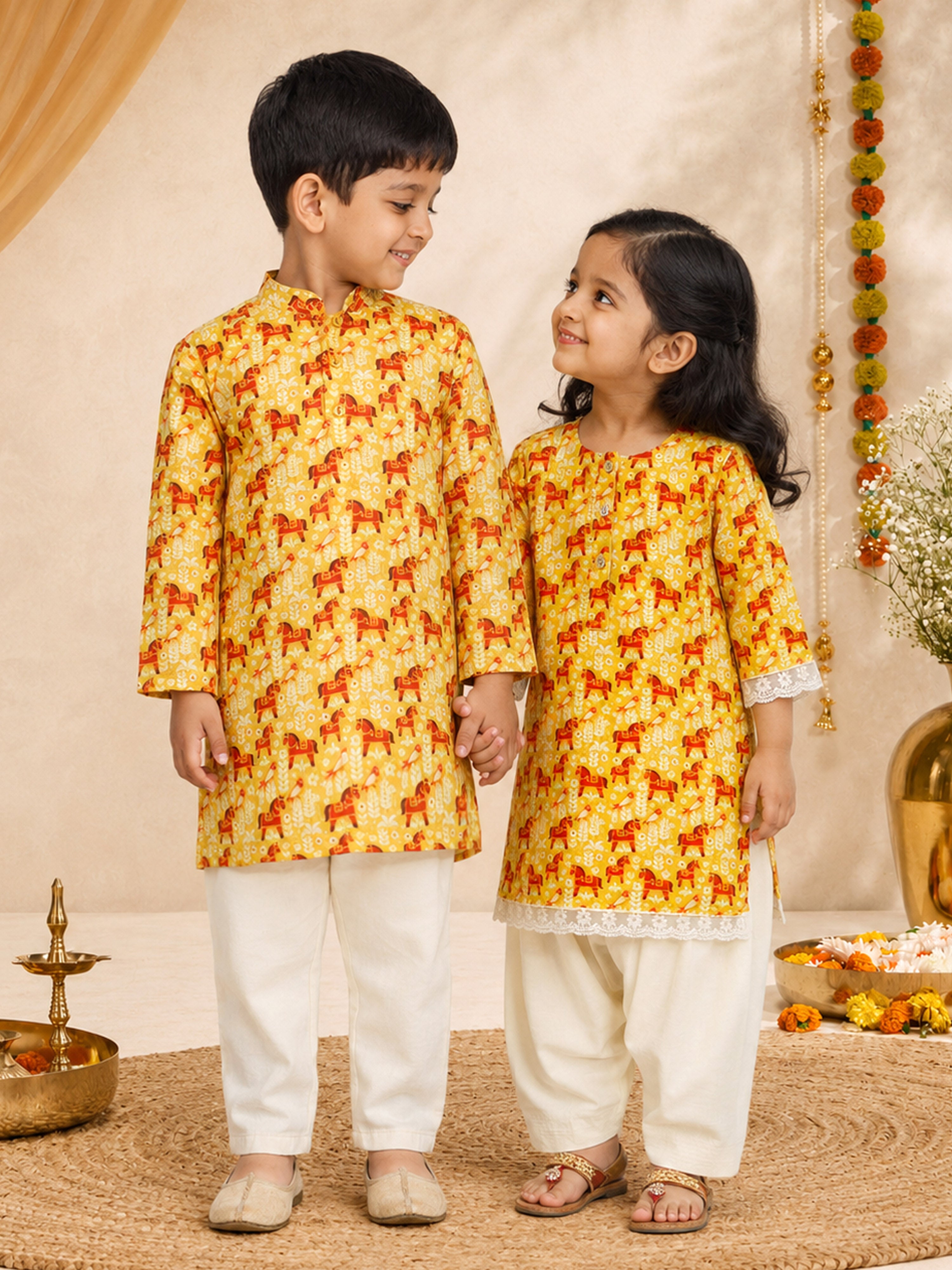 Boy's Yellow Animal Print Kurta Pyjama Set