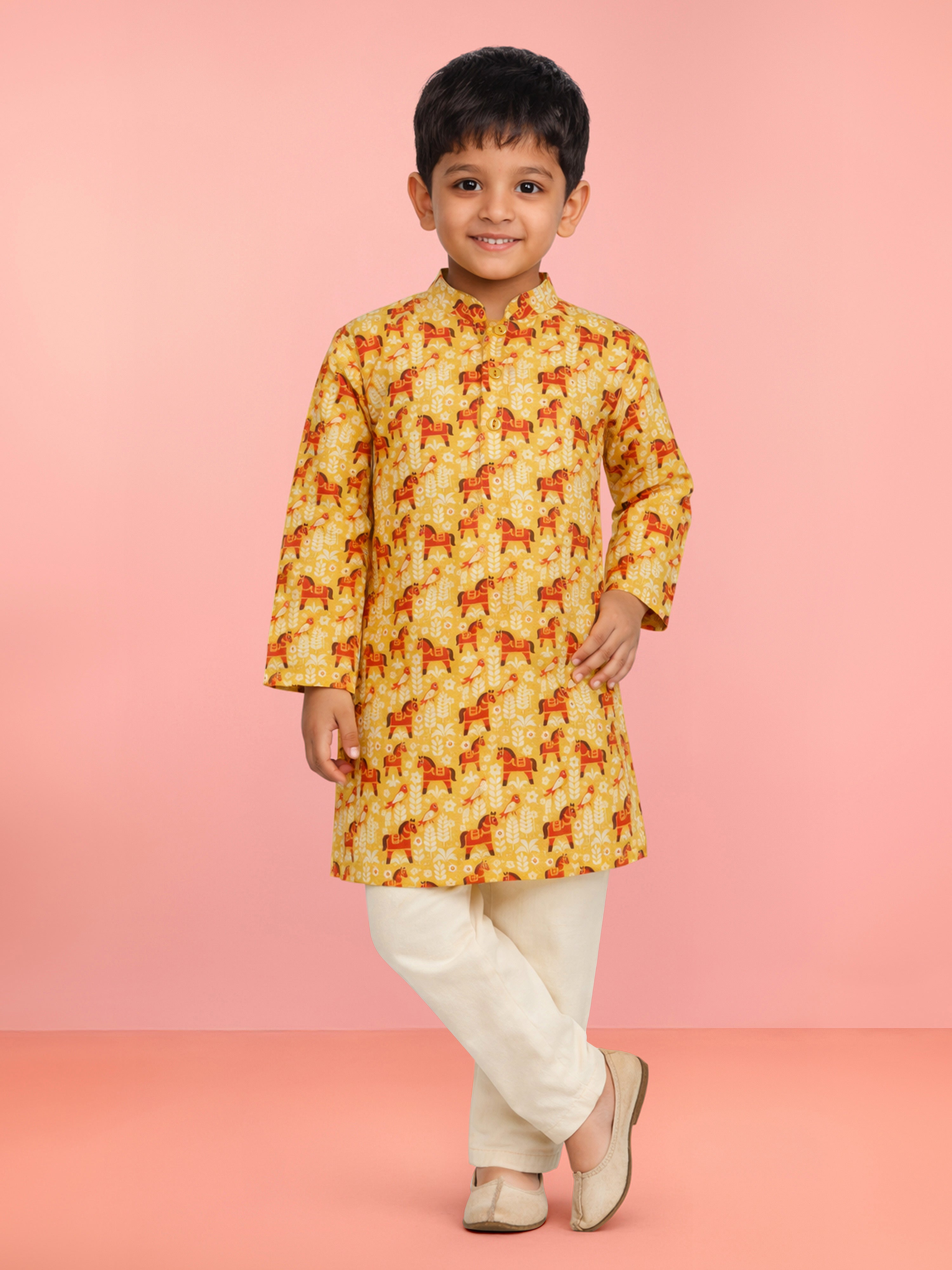 Boy's Yellow Animal Print Kurta Pyjama Set