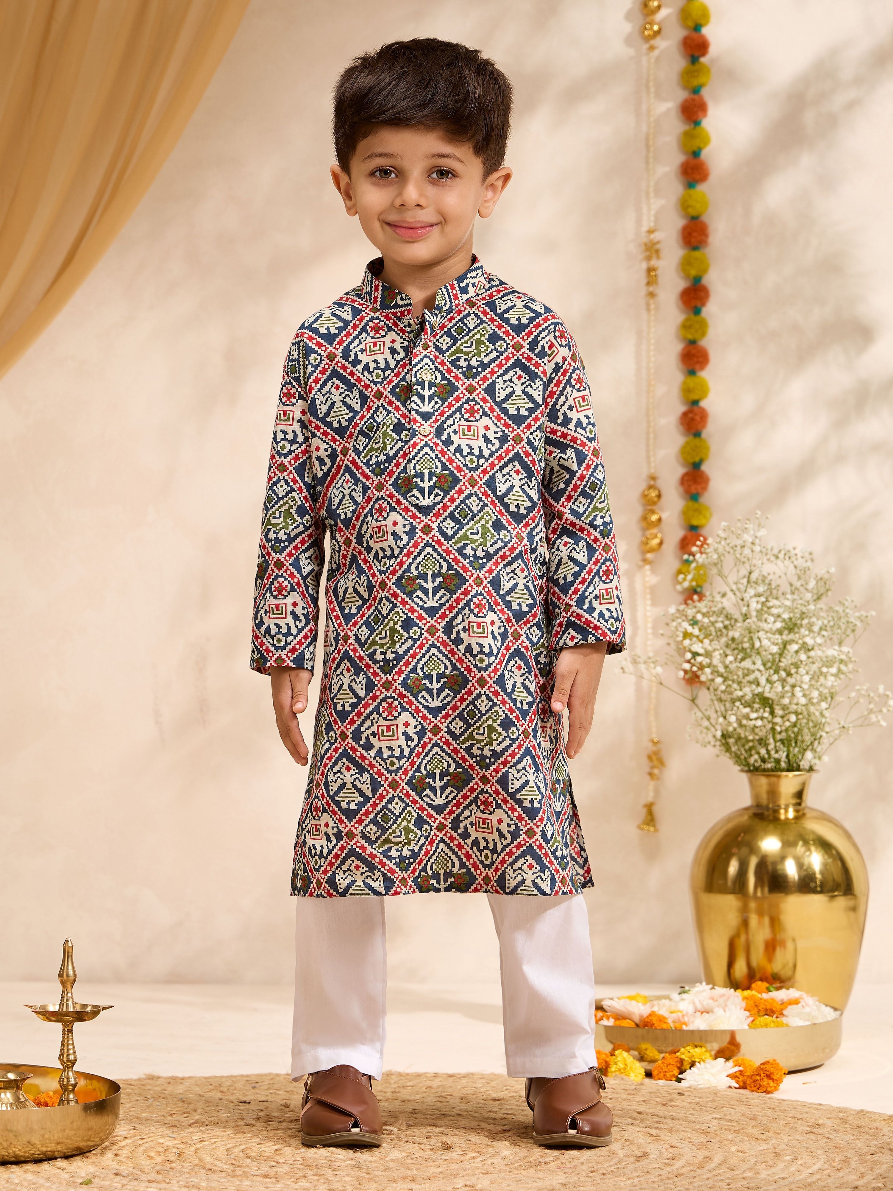 Boys Blue Cotton Patola Print Kurta Pyjama Set