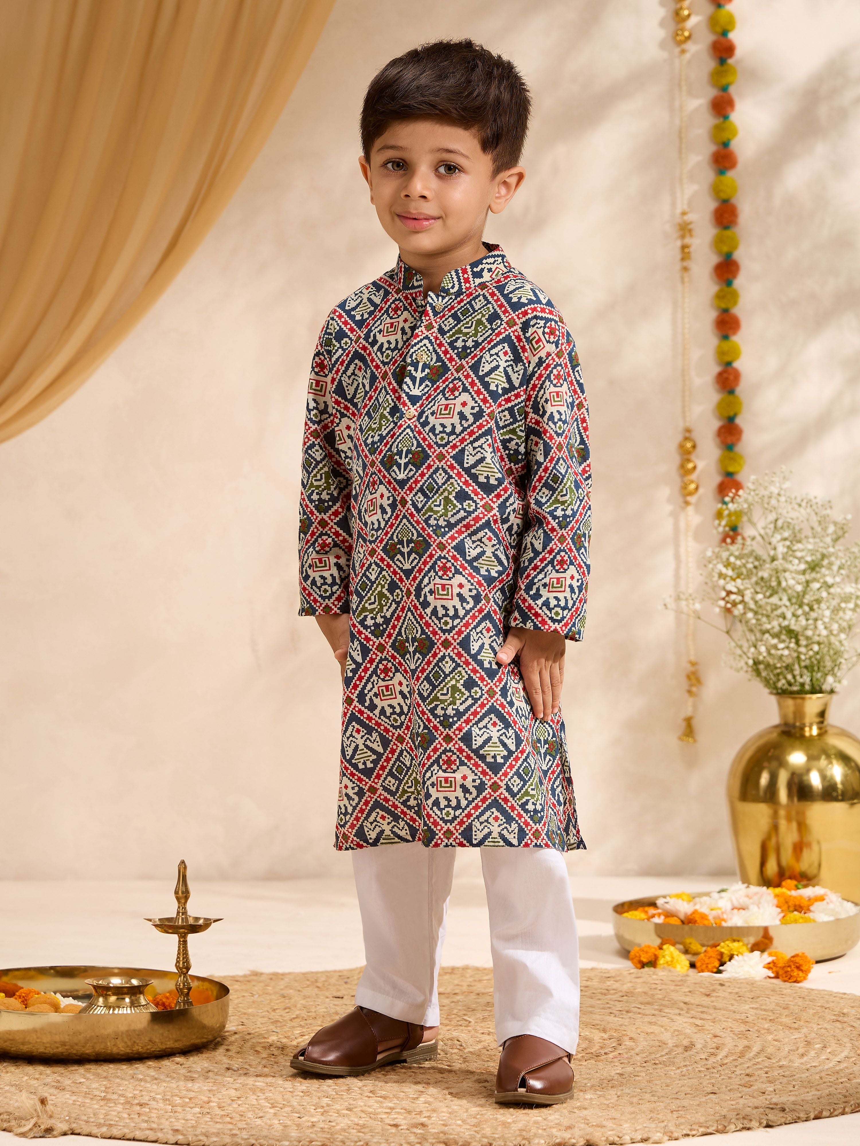 Boys Blue Cotton Ikkat Thigh Length Kurta and Pyjama Set