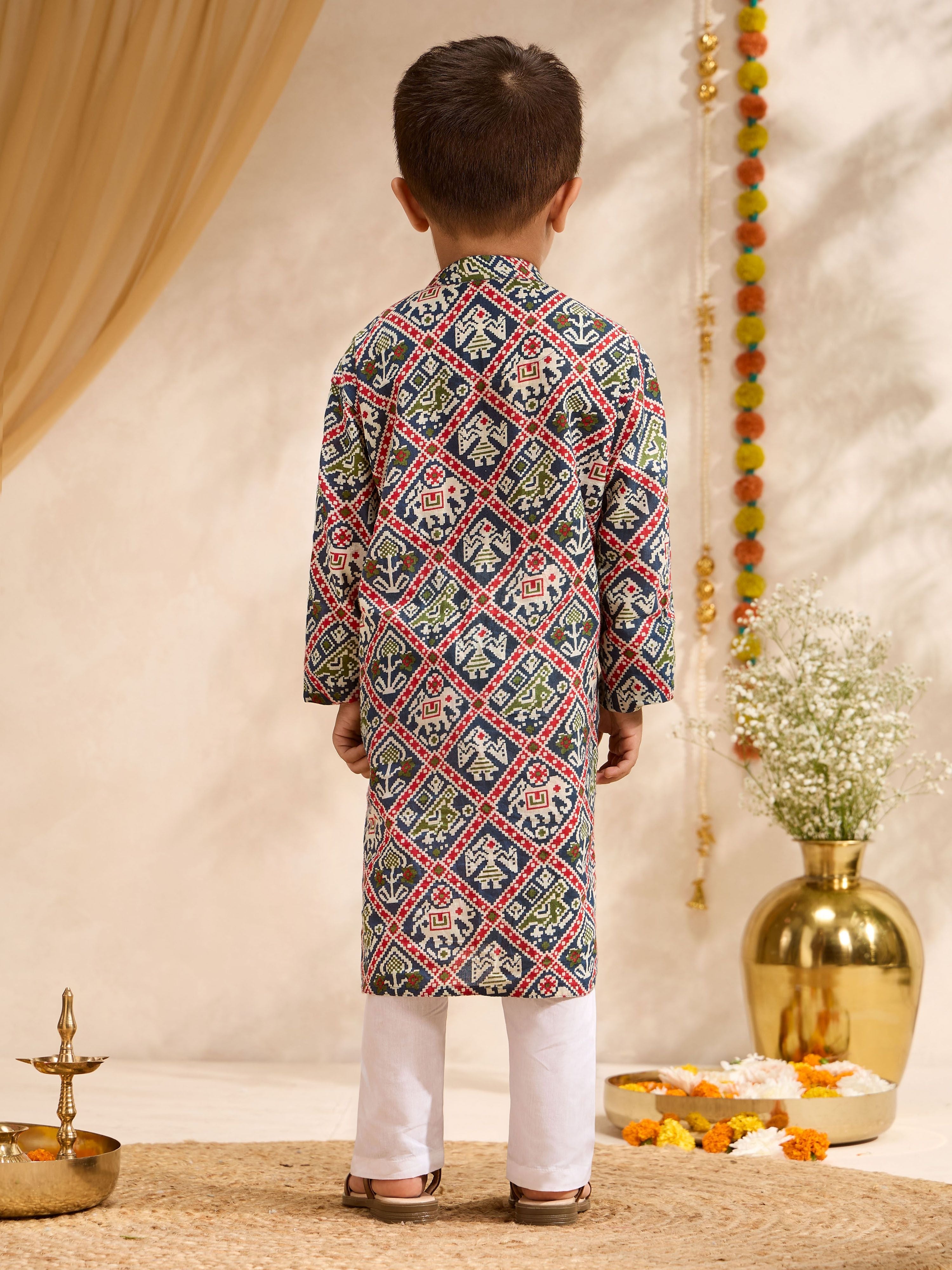 Boys Blue Cotton Ikkat Thigh Length Kurta and Pyjama Set