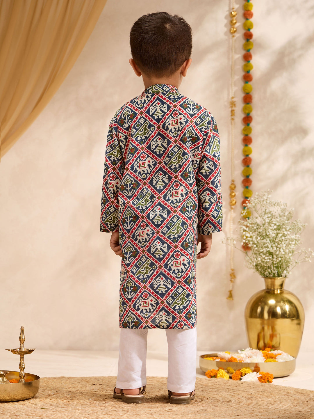 Boys Blue Patola Cotton Knee Length Kurta and Pyjama Set