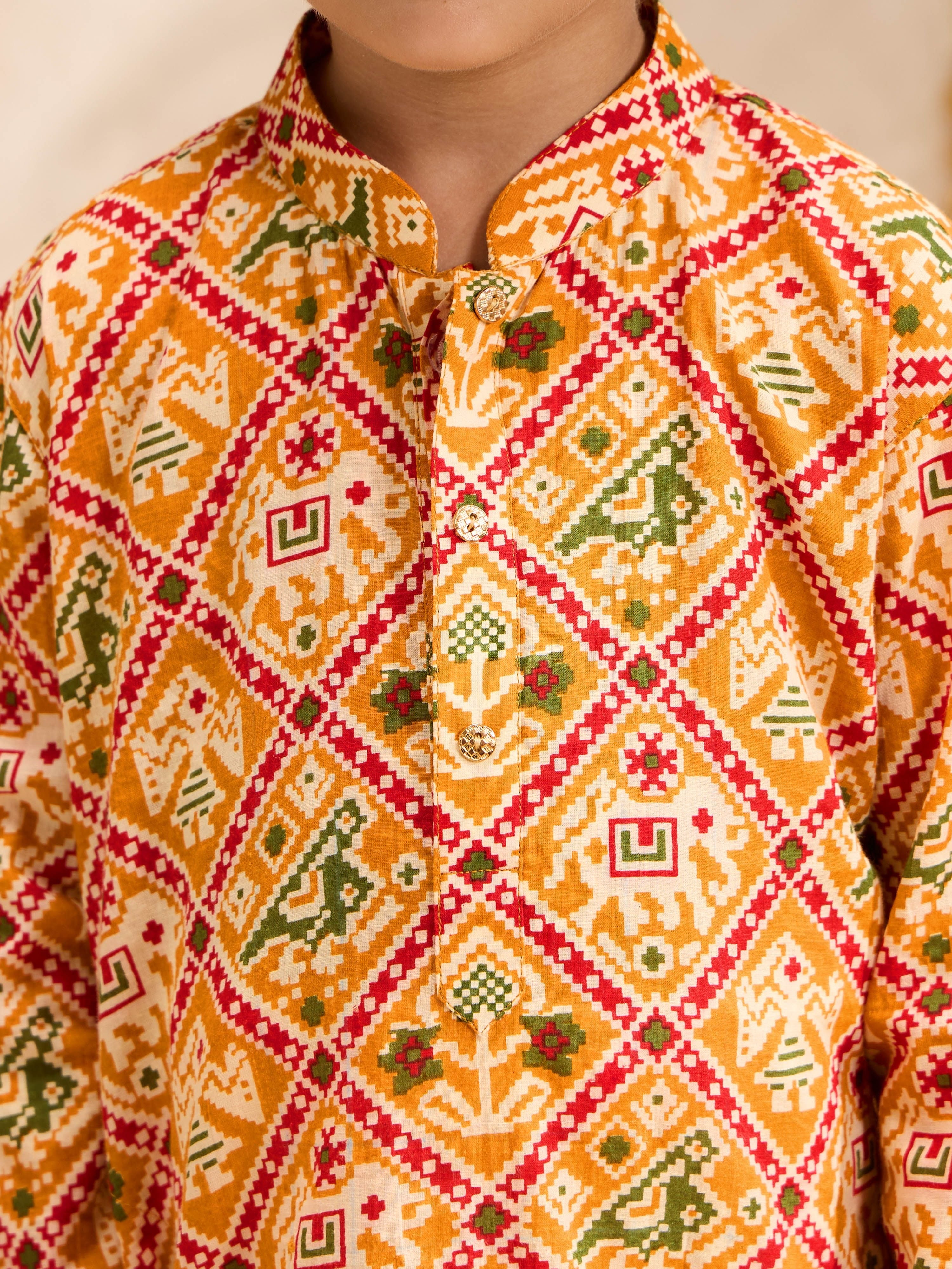 Boys's Mustard Cotton Ikkat Thigh Length Kurta And Pyjama Set