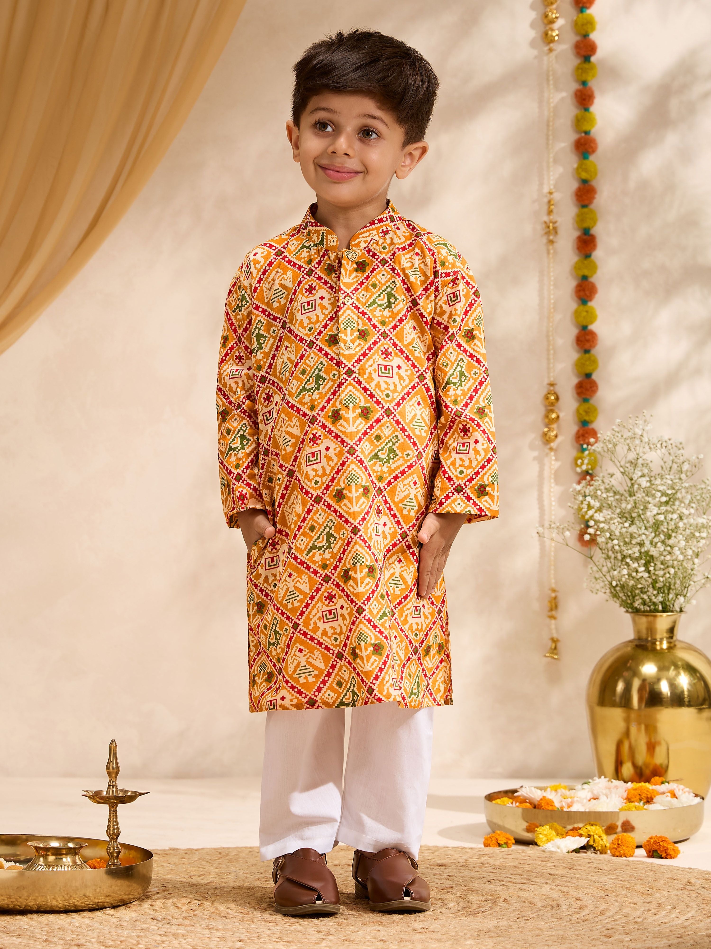 Boys's Mustard Cotton Ikkat Thigh Length Kurta And Pyjama Set