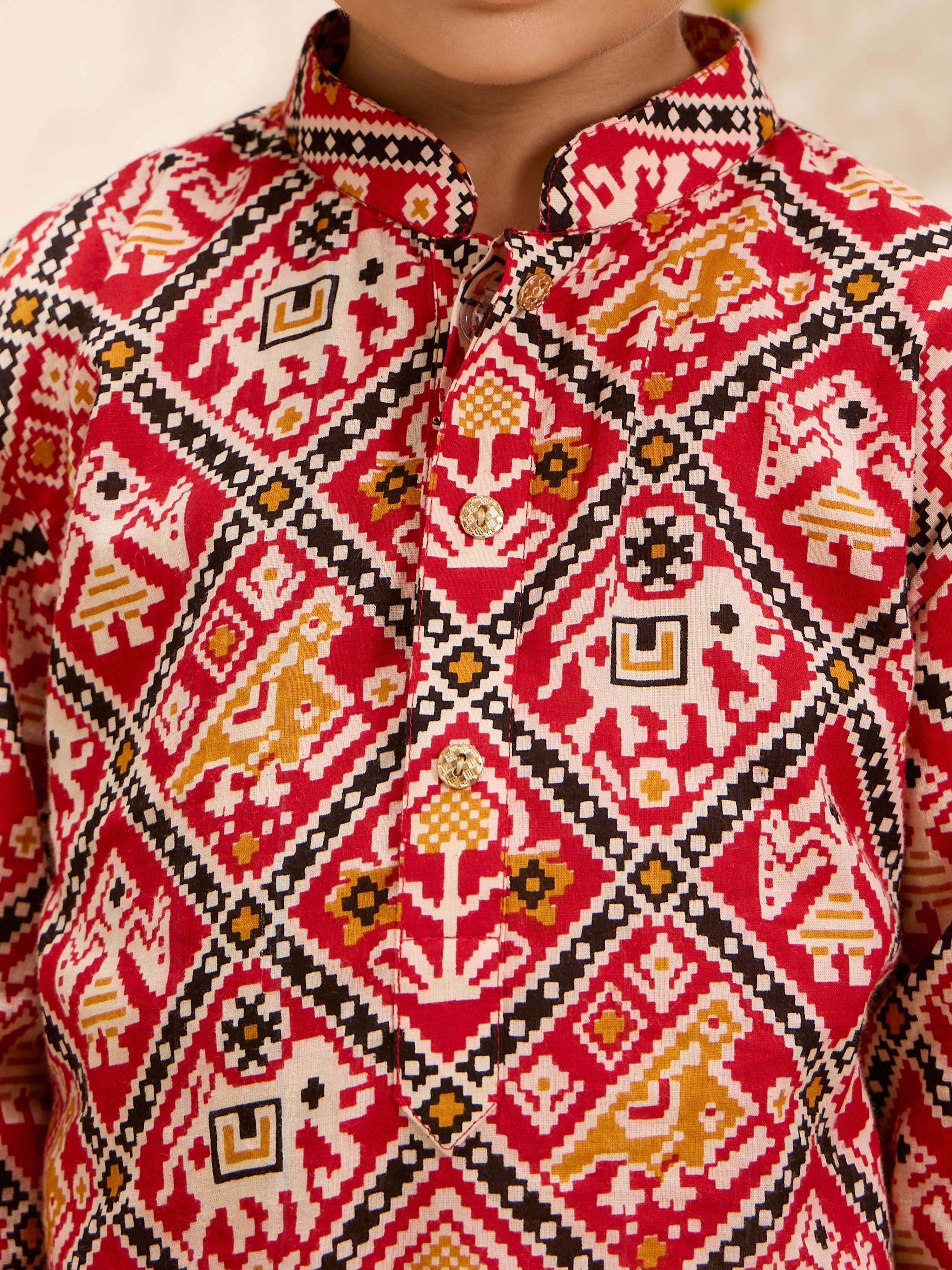 Boys's Red Cotton Ikkat Thigh Length Kurta And Pyjama Set