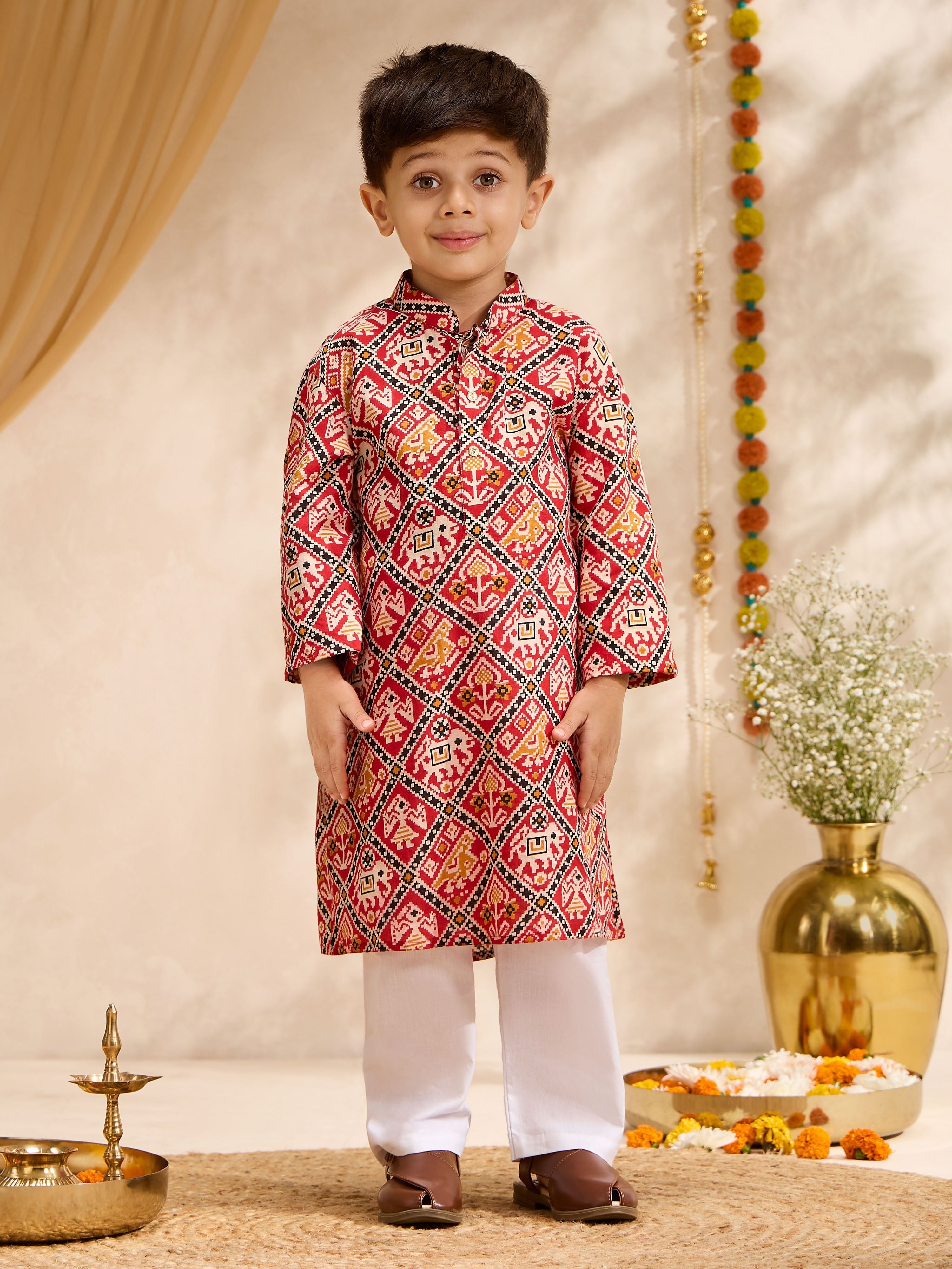 Boys's Red Cotton Ikkat Thigh Length Kurta And Pyjama Set