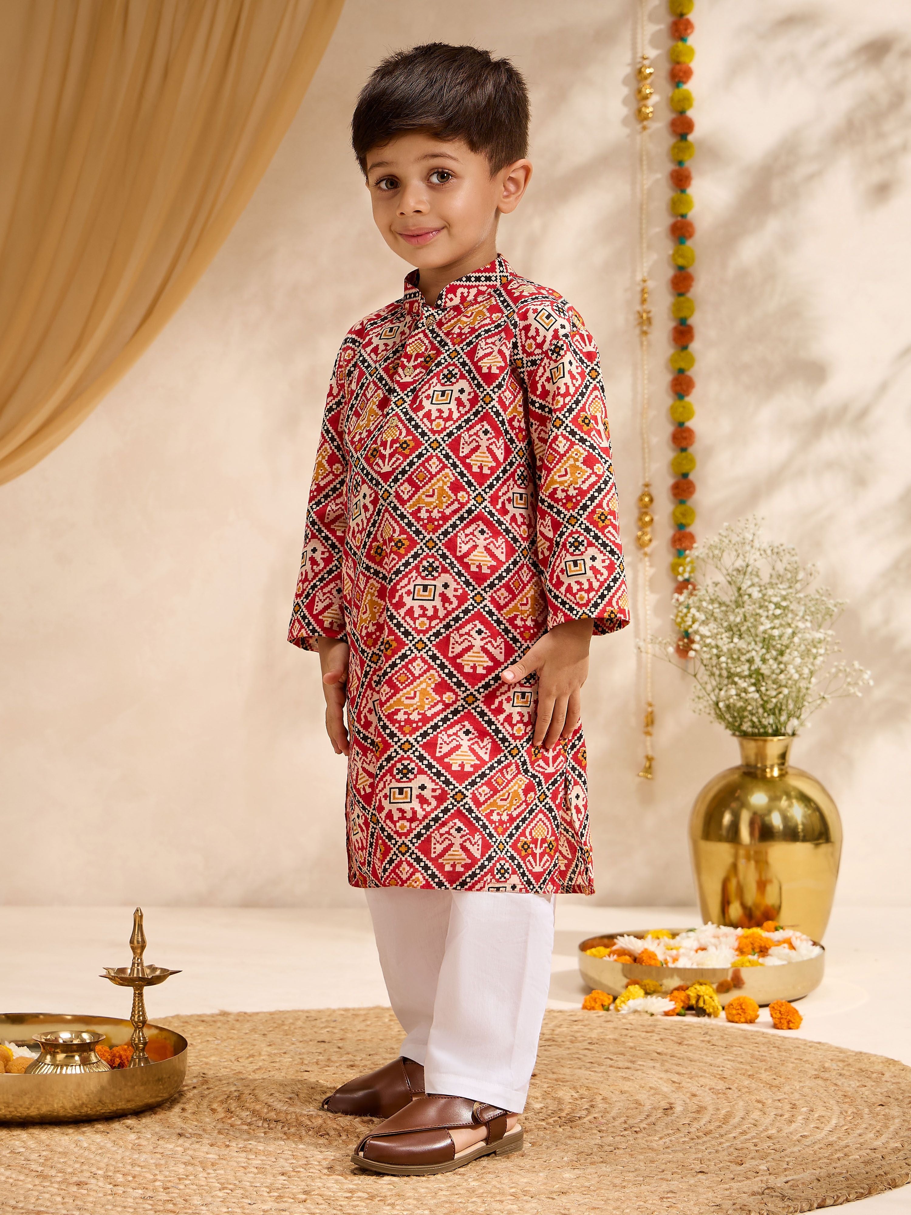 Boys's Red Cotton Ikkat Thigh Length Kurta And Pyjama Set