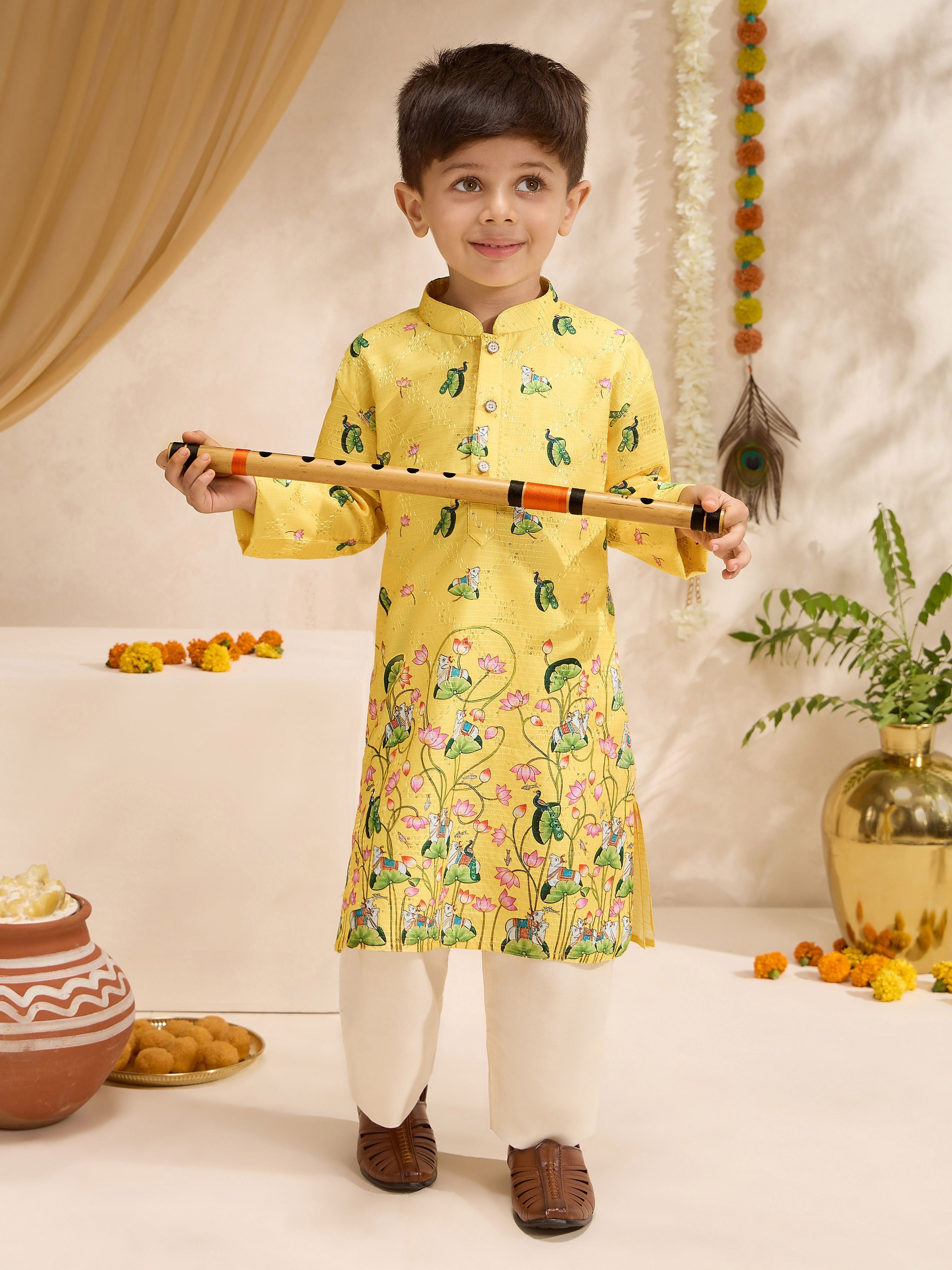 Boys Yellow Silk Blend Printed Kurta Pyjama Set