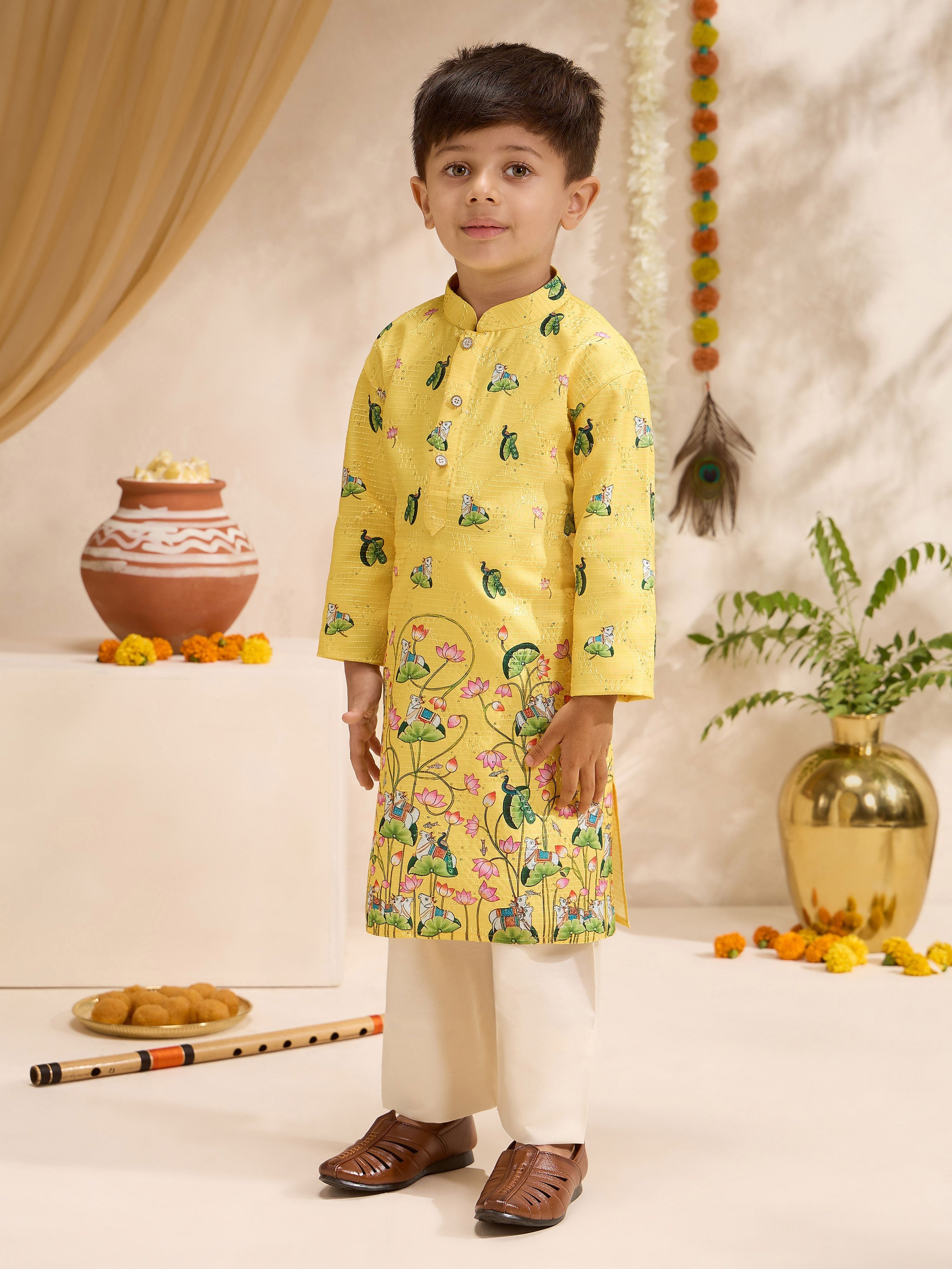 Boys's Yellow Silk-Blend Embellished Thigh Length Kurta And Pyjama Set