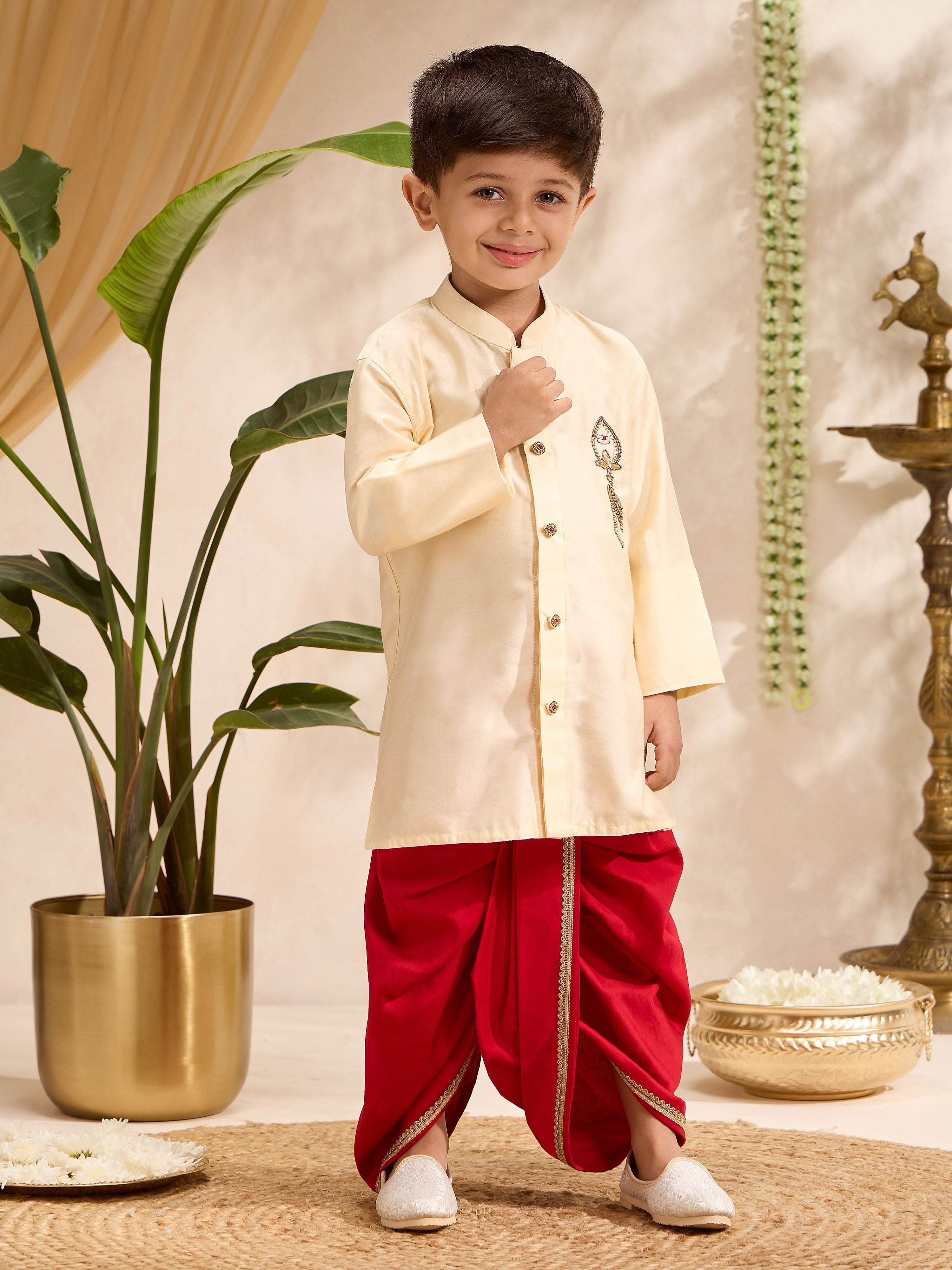 Boys Gold Cotton Silk Embroidered Kurta Dhoti Set