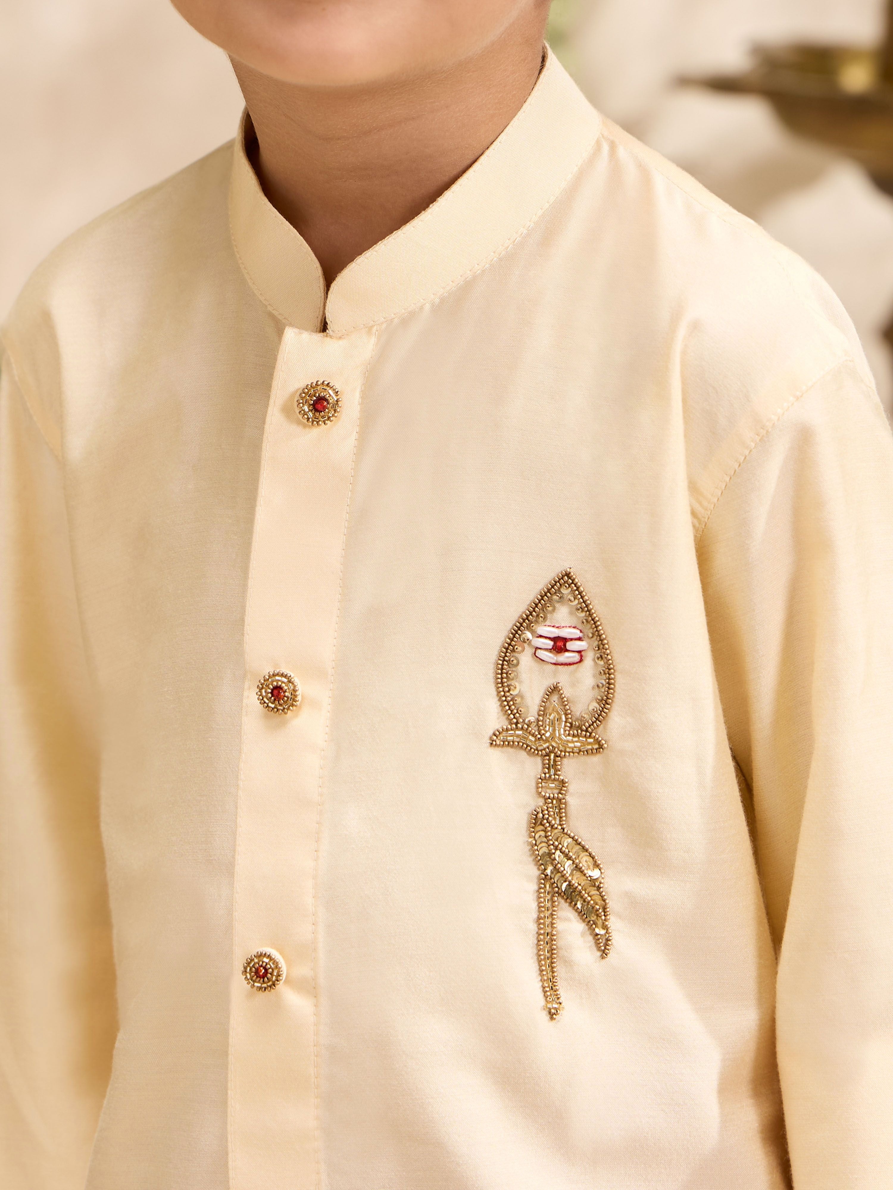 Boys Gold Cotton-Silk Embroidered Thigh Length Kurta and Dhoti Set