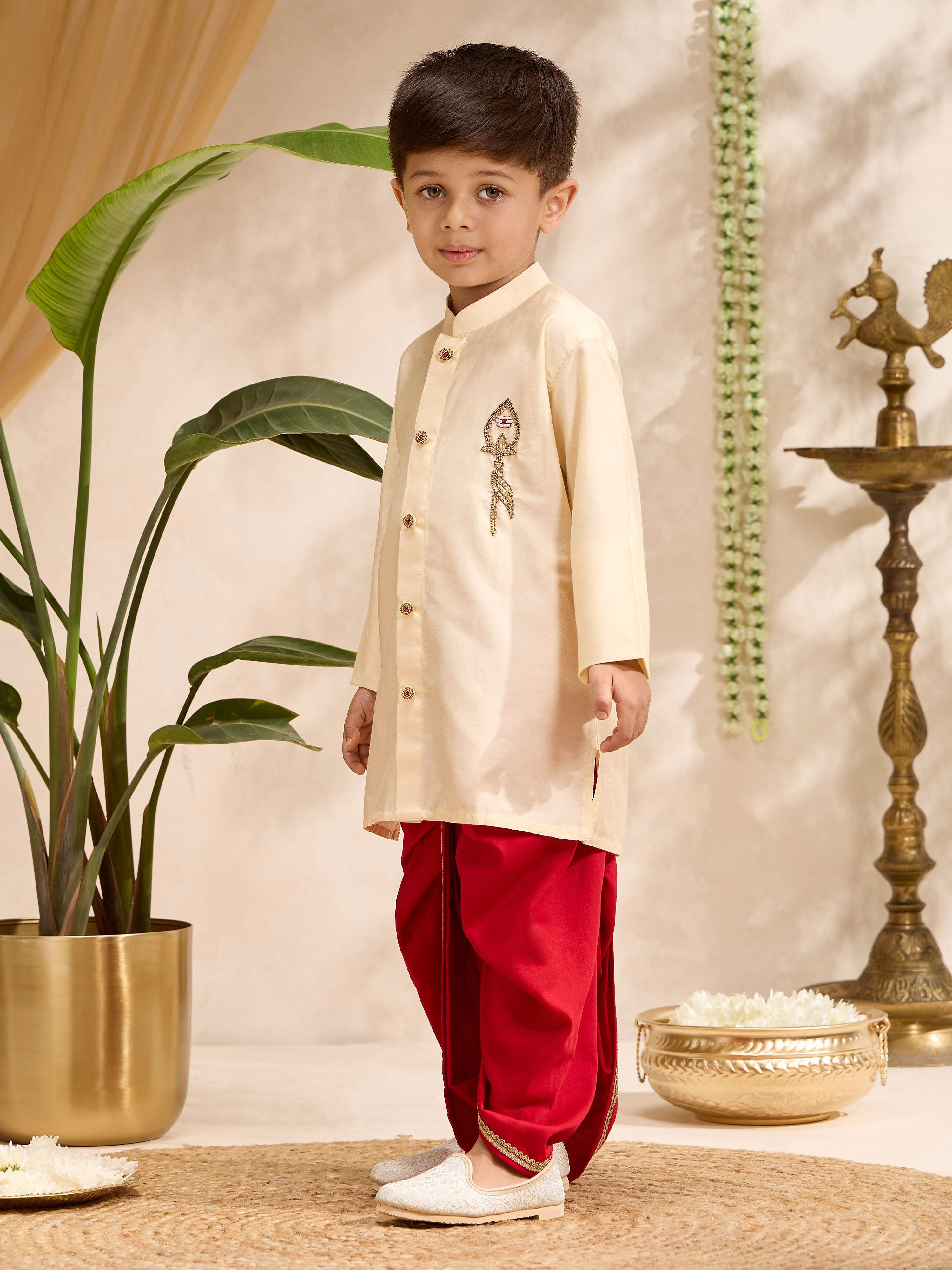 Boys Gold Cotton-Silk Embroidered Thigh Length Kurta and Dhoti Set