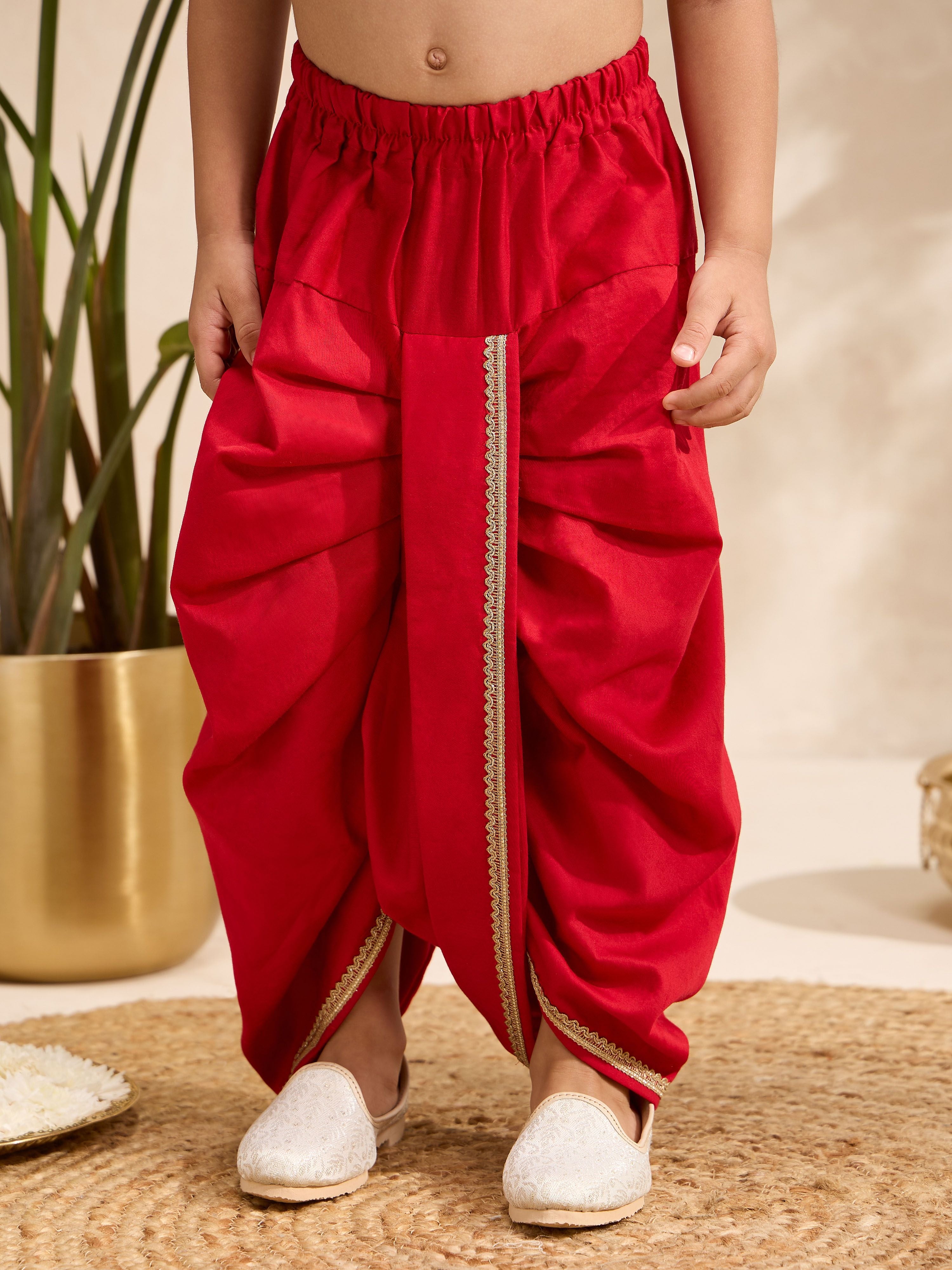 Boys Gold Cotton-Silk Embroidered Thigh Length Kurta and Dhoti Set