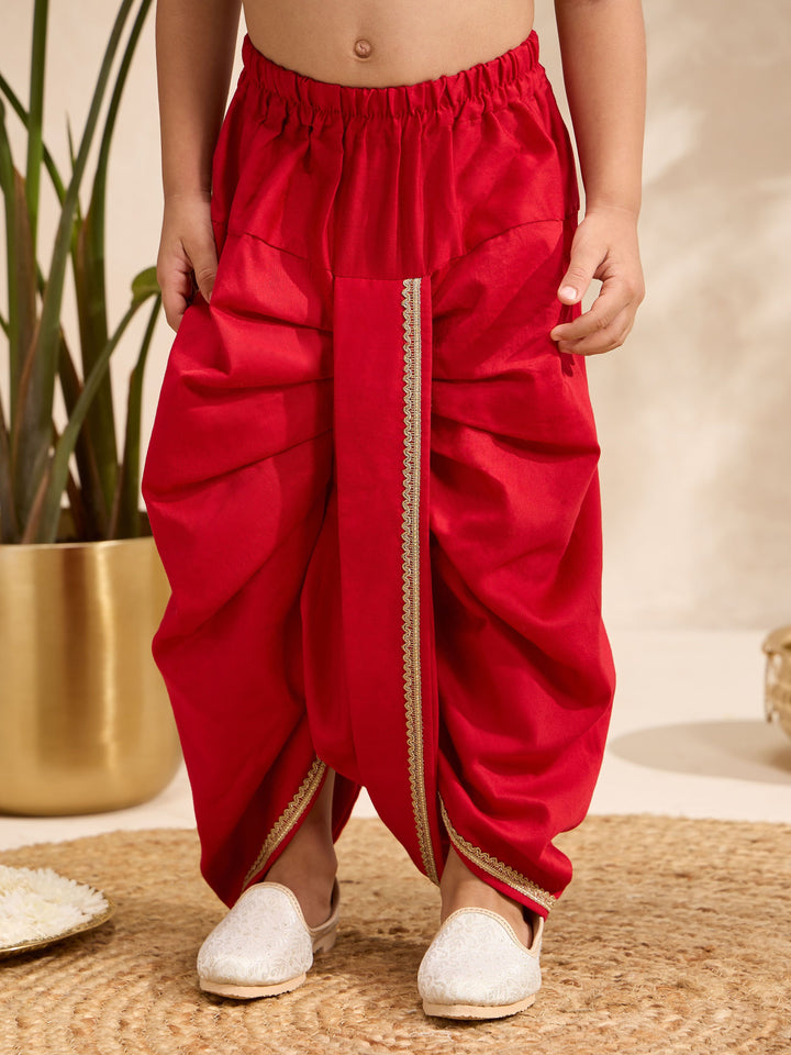 Boys Gold Cotton-Silk Embroidered Thigh Length Kurta and Dhoti Set