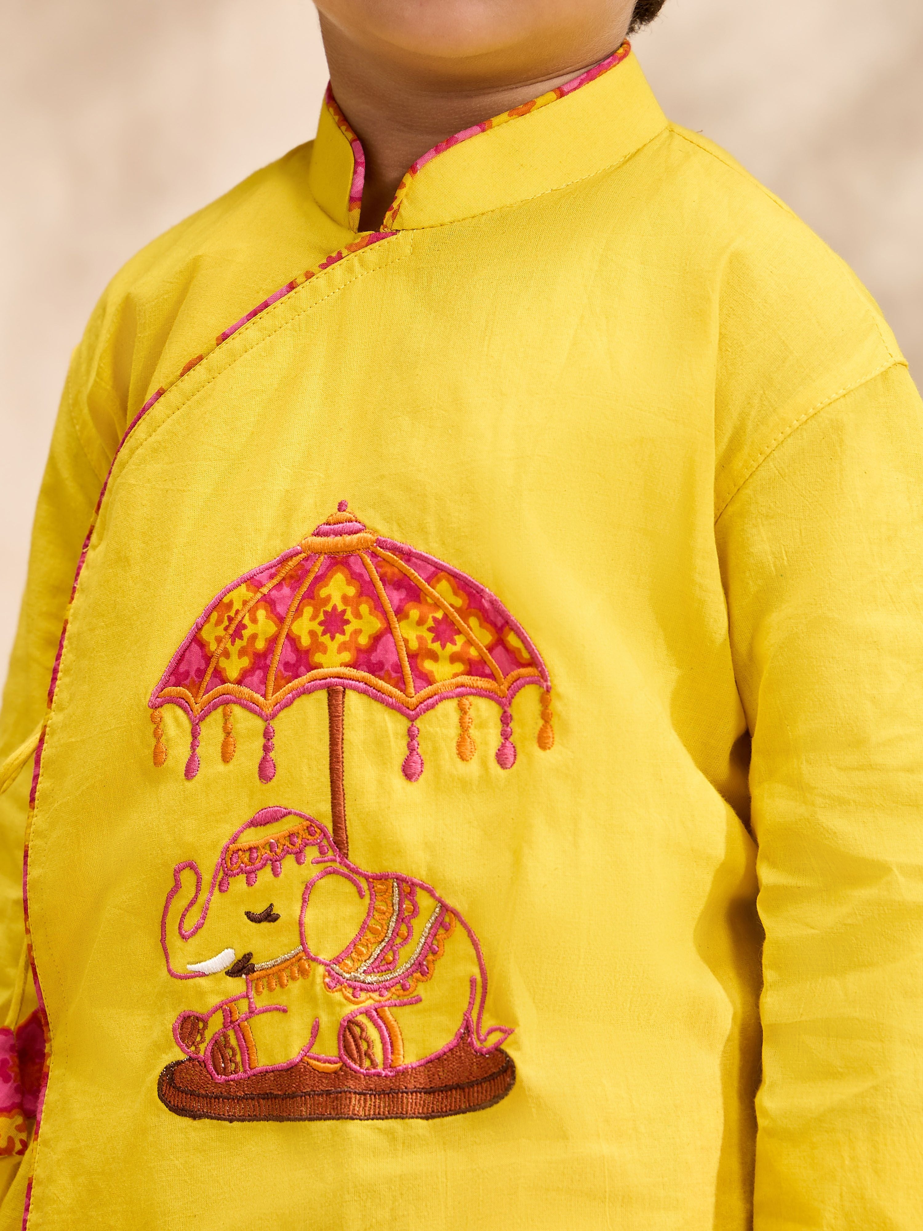 Boys's Yellow Cotton Embroidered Thigh Length Kurta And Dhoti Set