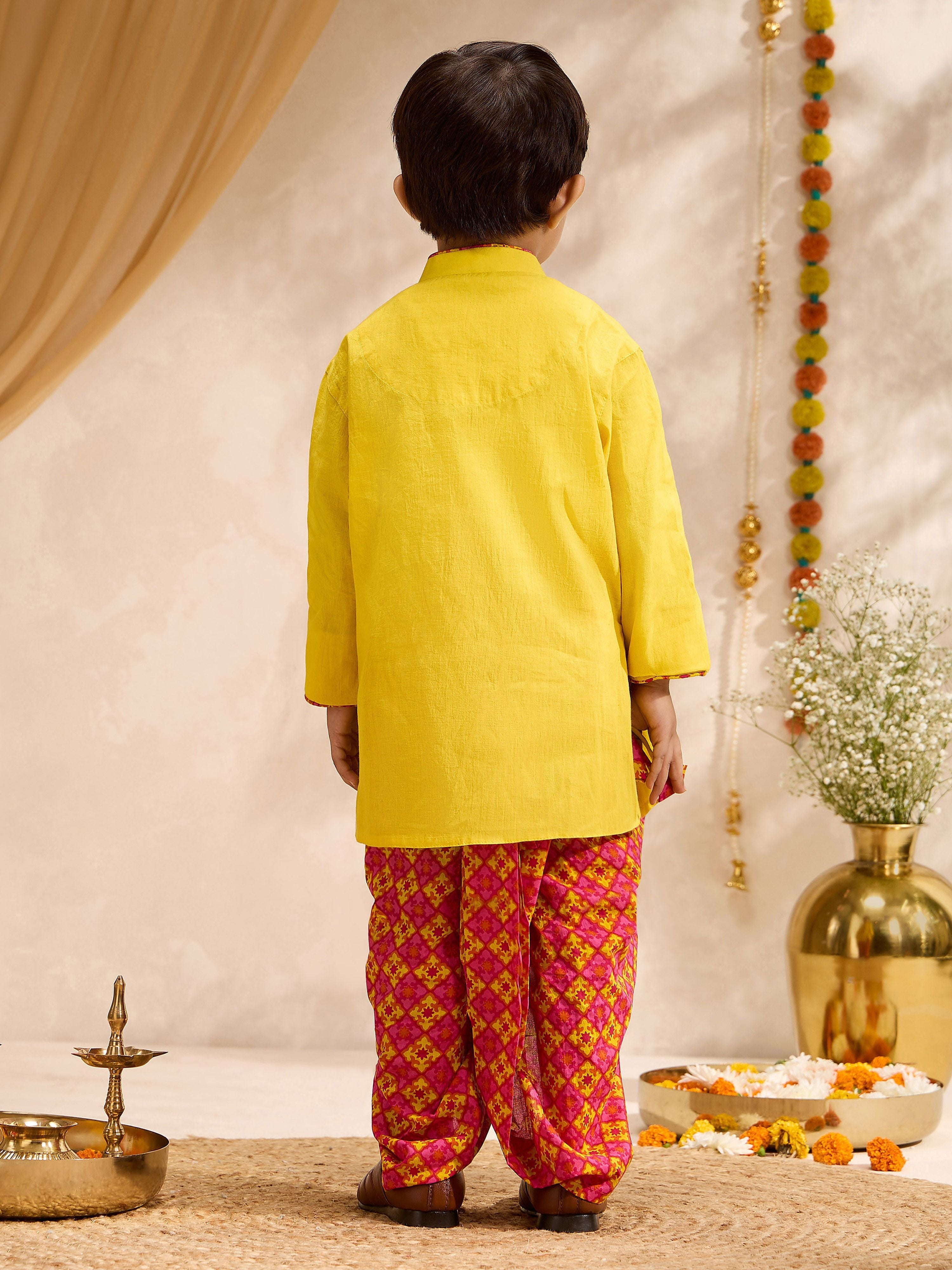 Boys's Yellow Cotton Embroidered Thigh Length Kurta And Dhoti Set