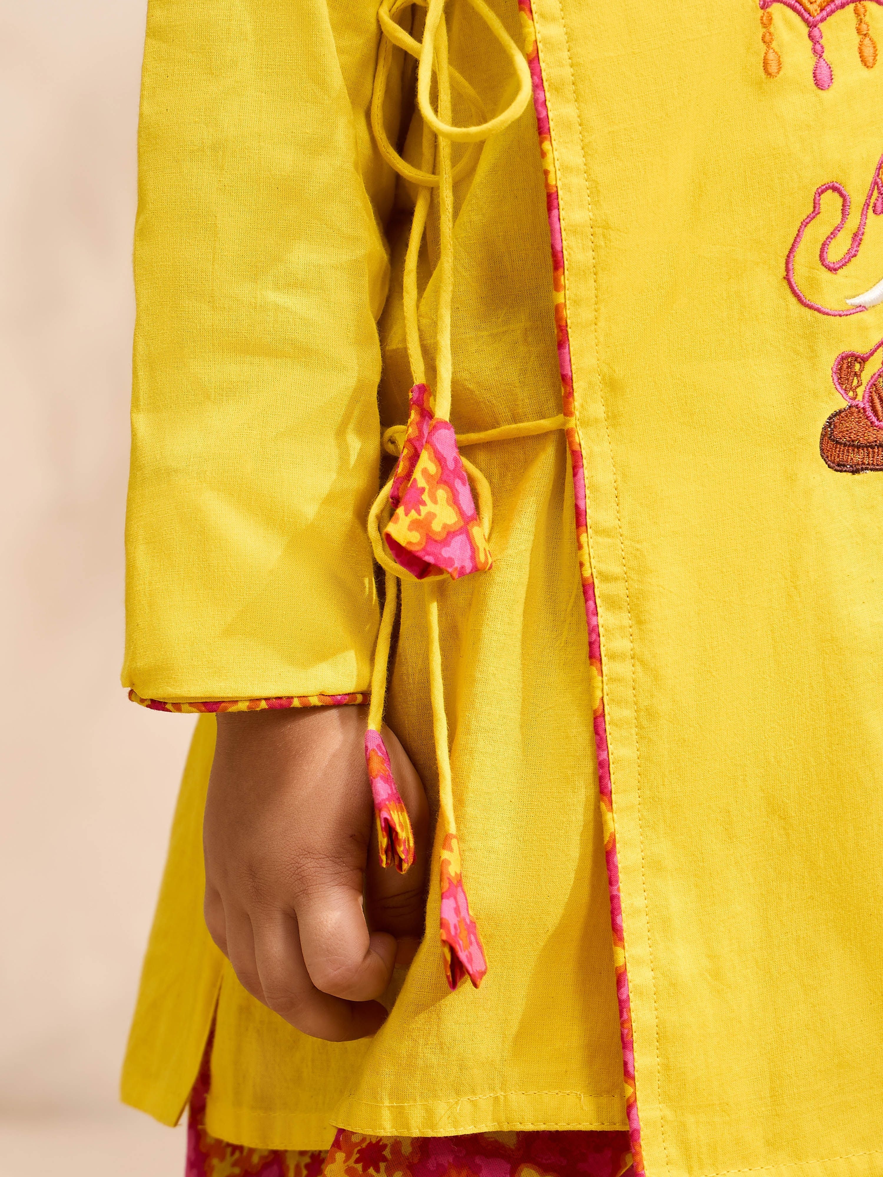Boys's Yellow Cotton Embroidered Thigh Length Kurta And Dhoti Set