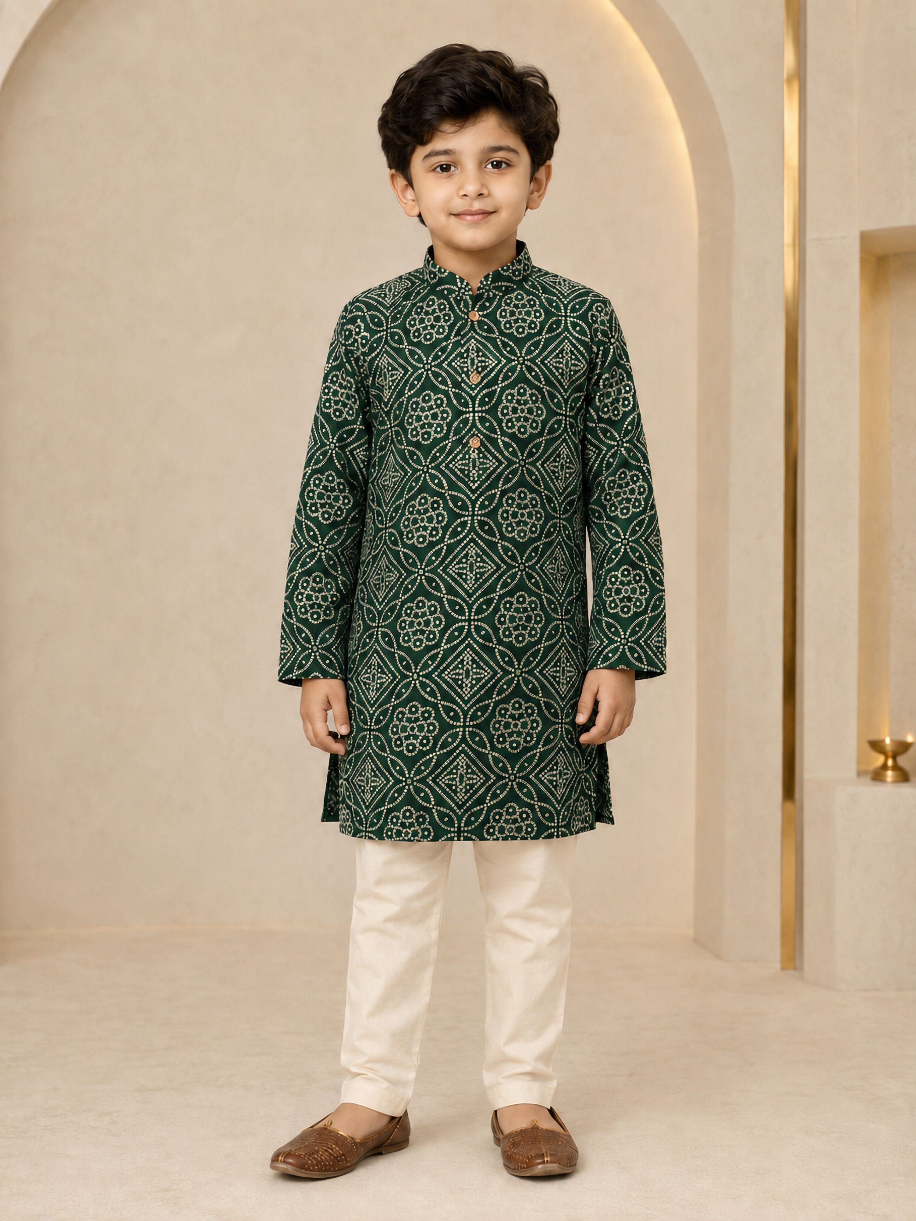 Boy's Dark Green Rayon Geometric Print Knee Length Kurta and Pyjama Set