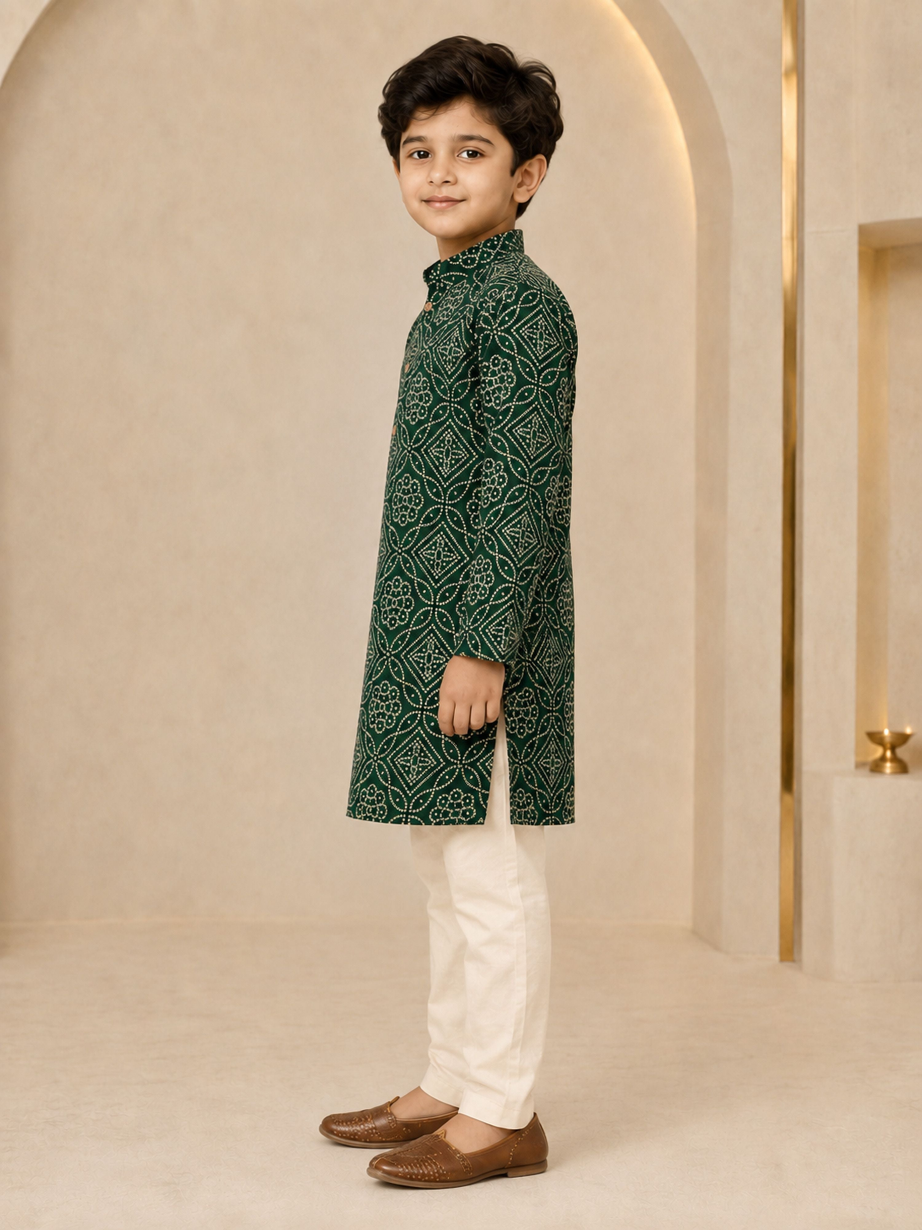 Boy's Dark Green Rayon Geometric Print Knee Length Kurta and Pyjama Set